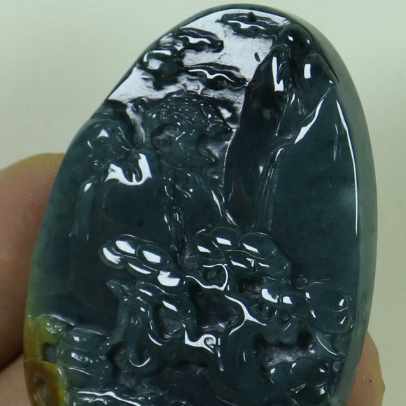 Cert'd Dark Green Natural A JADE jadeite Carved 2-sided Pendant Old pine - Picture 5 of 11